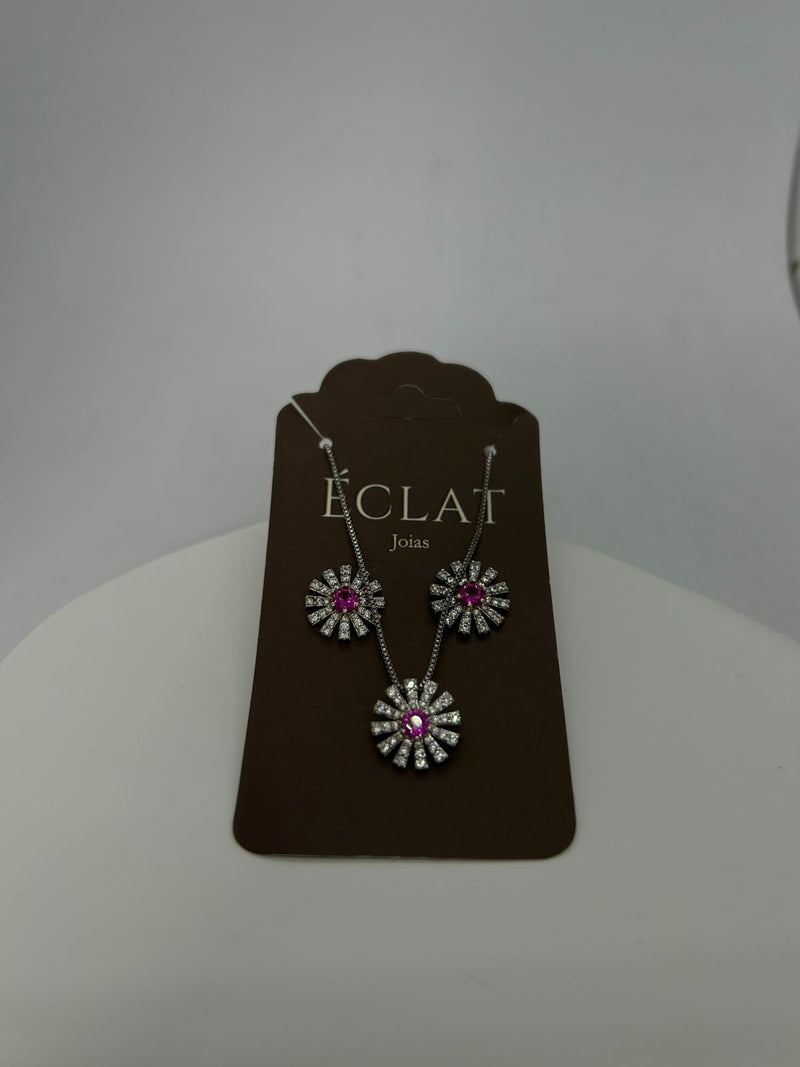 Conjunto Flor joia - Ródio Branco